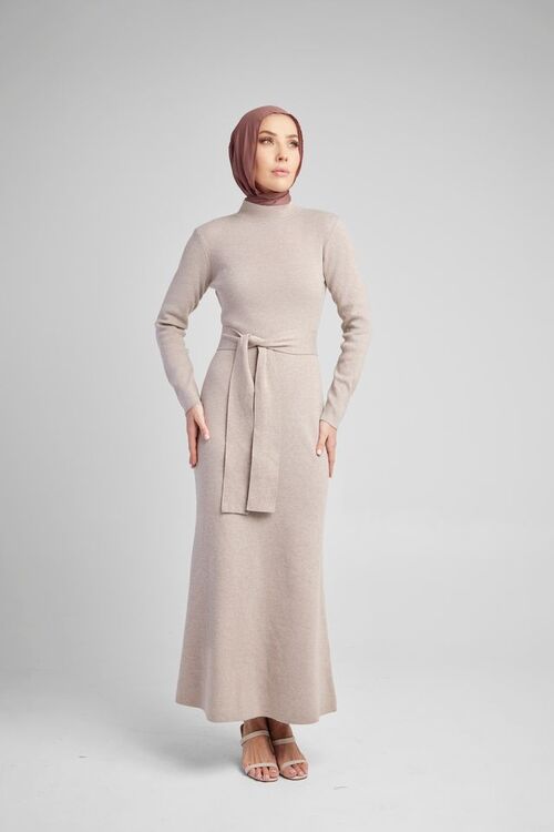 Taupe Slim Belted Dress [size: 6]